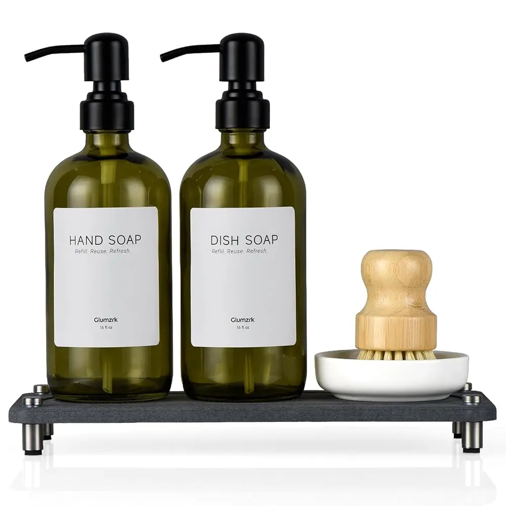 

2 Pack Kitchen Soap Dispenser Set - 16oz Green Glass Dish and Hand Soap Dispenser with Stainless Steel Pump, Instant Dry Tray
