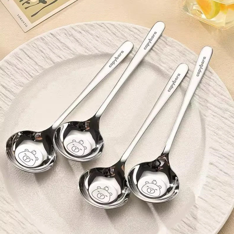 

Cute Capybara Design Soup Spoon Deep Bowl Long Handle Stainless Steel Utensil Personal Use