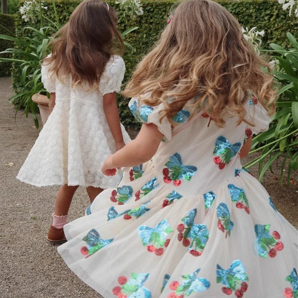 

KS Girls Pretty Party Dresses Summer Sequin Bow Puffy Dress Baby Girls Rose Dress Children's Princess Dress Kids Vestidos