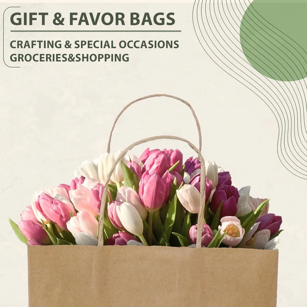 100 Kraft Paper Gift Bags with Handles, 8x4.25x10.25, Brown Bulk Bags for Party, Shopping view 4