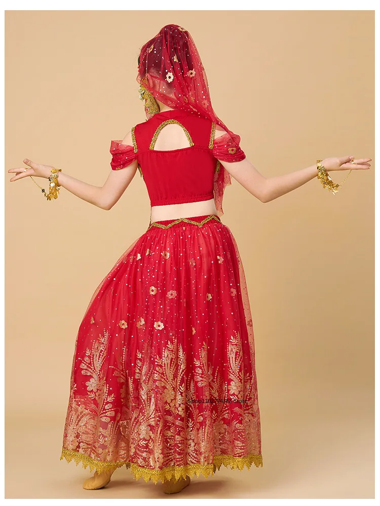 Indische Prinzessin Bauchtanz-Set für Kinder, orientalischer indischer Tanz, Sari, Mädchen-Performance-Kleidung, Bühnenkostüme für Kinder