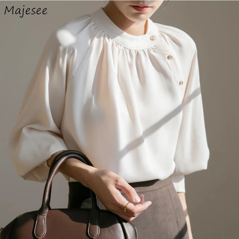 

Shirts Women French Style Chic Vintage Elegant O-neck Shirring Solid Apricot Lantern Sleeve 3XL Trendy Fall Casual Simple Female