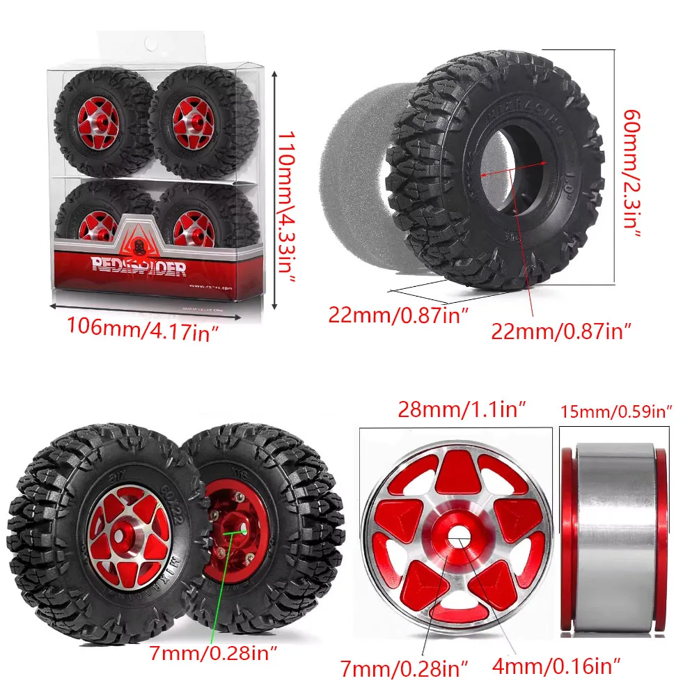 Scx24/Trx4M Universal 1.0 polegadas Jantes e pneus de liga de alumínio Conjunto de 4 peças |     1/18 1/24 pneus antiderrapantes especiais para carro de escalada |     Adequado para atualização axial/trx4m/fcx24