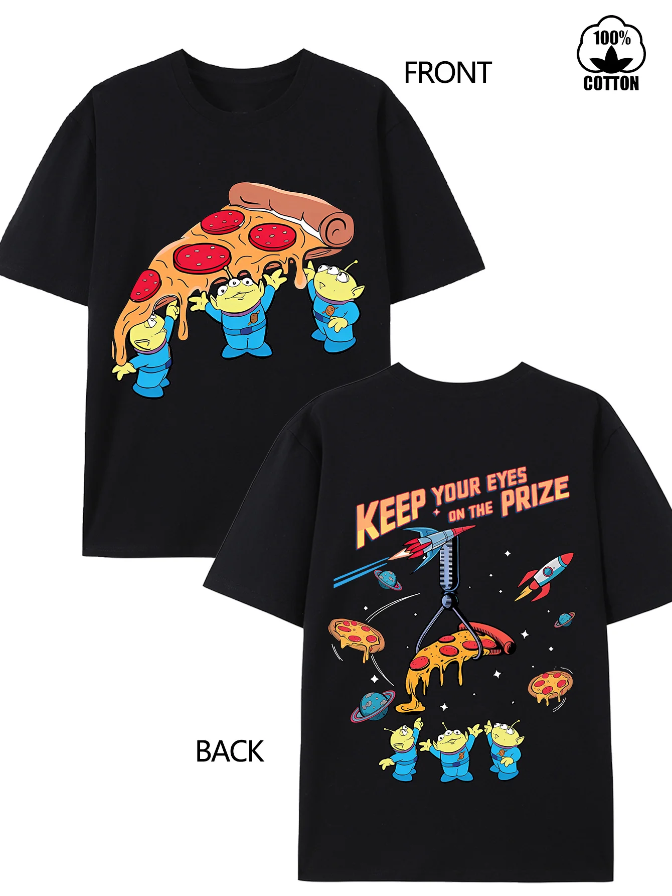 

Disney Toy Story double-sided printed T-shirt - round neck short sleeved pizza and space unisex casual