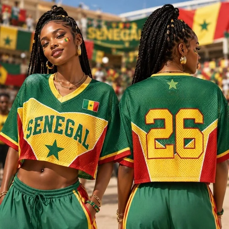 Senegal Flag Color 3D Printed Short Jersey Style Support T-shirt, Y2K Spicy Girl Style Subculture Street Style Top