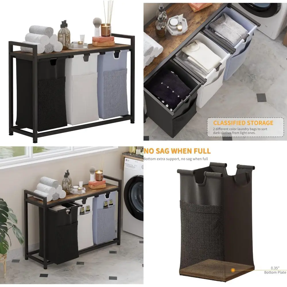 

Набор тройных корзин для белья со съемными вкладышами, тканевыми ручками и верхней полкой для хранения для дома, колледжа и прачечной.