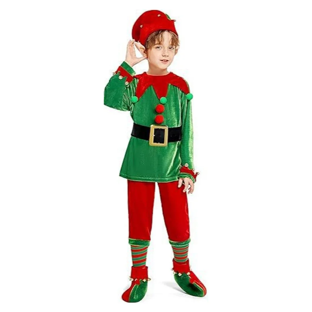 Meninos meninas bonito natal elfo traje conjunto de natal camisa superior com calças chapéu orelhas de silicone cinto meias e sapatos papai noel terno