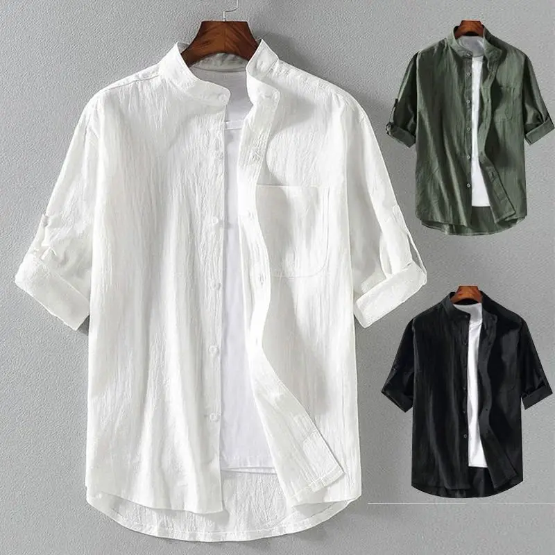 Spring Summer Stand Collar Fivepoint Midsve Fashion Men's  Shirt Thickened Fleece Special Wide Fit Nine Sleeve Length