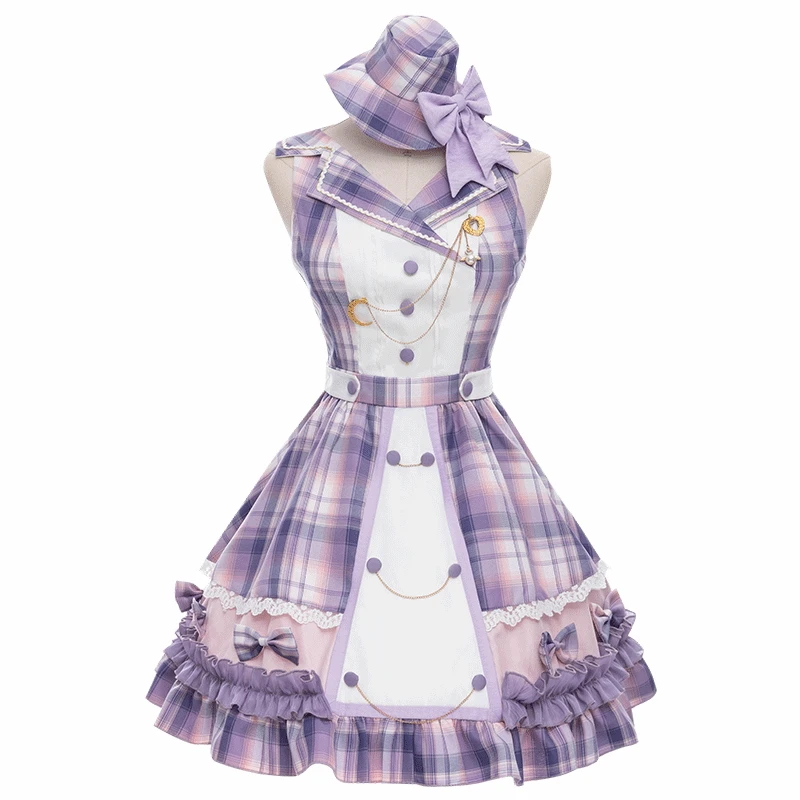 الأرجواني منقوشة فستان النجوم تألق الأرجواني ليتل المعبود المرحلة الزي الأصلي لوليتا فستان بلا أكمام + قبعة + قفازات