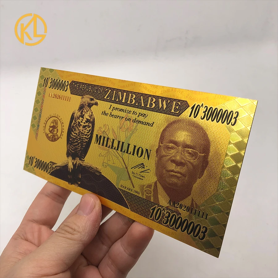 10pcs/lot New Zimbabwe Millillion Dollars 30000003 ZEROS Gold Plastic Banknotes for collection and decoration