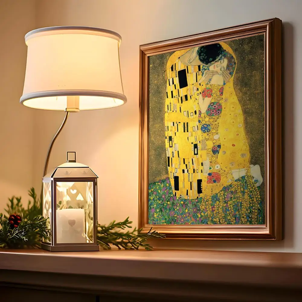 قبلة جي غوستاف كليمتس اللوحة الخط فرملس قماش ملصق جدار الفن مثالية للمطبخ الحمام ديكور المنزل