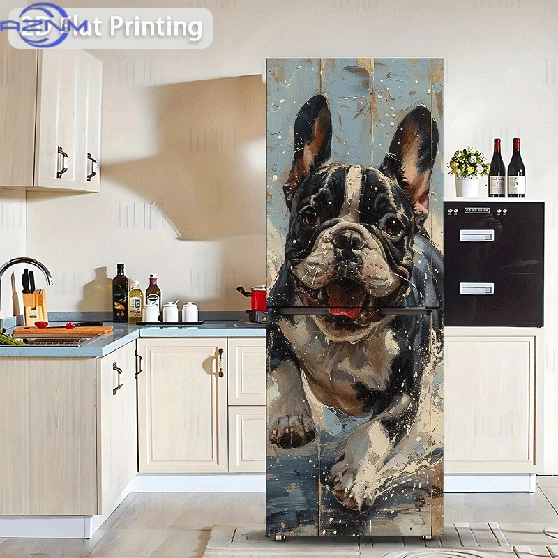 Printing Refrigerator Sticker Cheerful Running Bulldog Themed Scene Wall Decal Self-Adhesive Wallpaper Suitable for C view 2