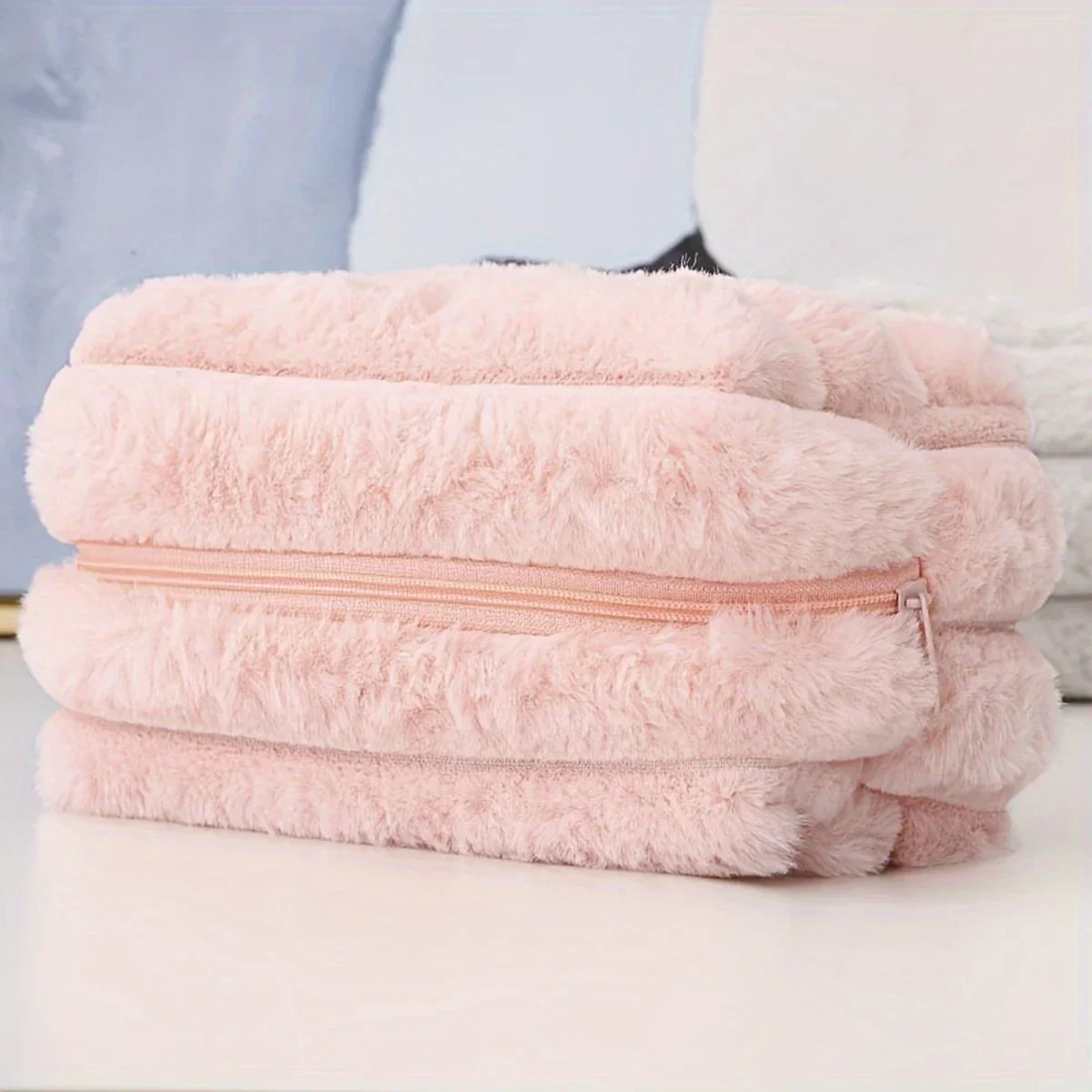 Solid-color High-appearancy-level Girlish Thick-striped Candy-colored Large-capacity Plush Cosmetic Bag Storage Bag