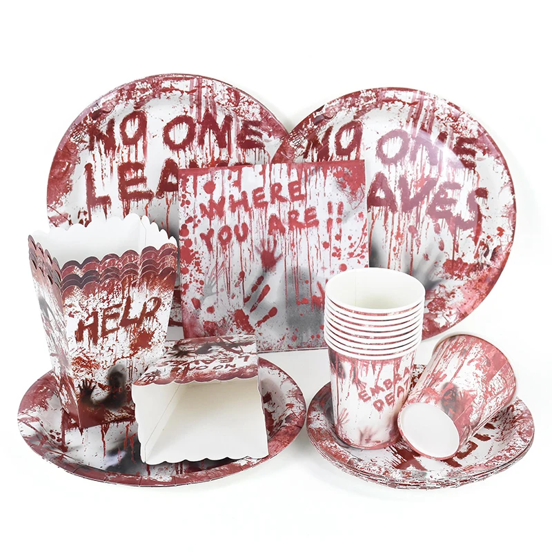 Halloween Horror Disposable Tableware Bloodly Help Handprint Paper Plates Cups Napkins Halloween Party Haunted House Decorations