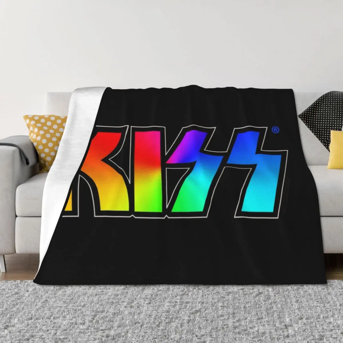 

Rainbow KISS Logo on Black Throw Blanket Quilt Vintage Loose Blankets