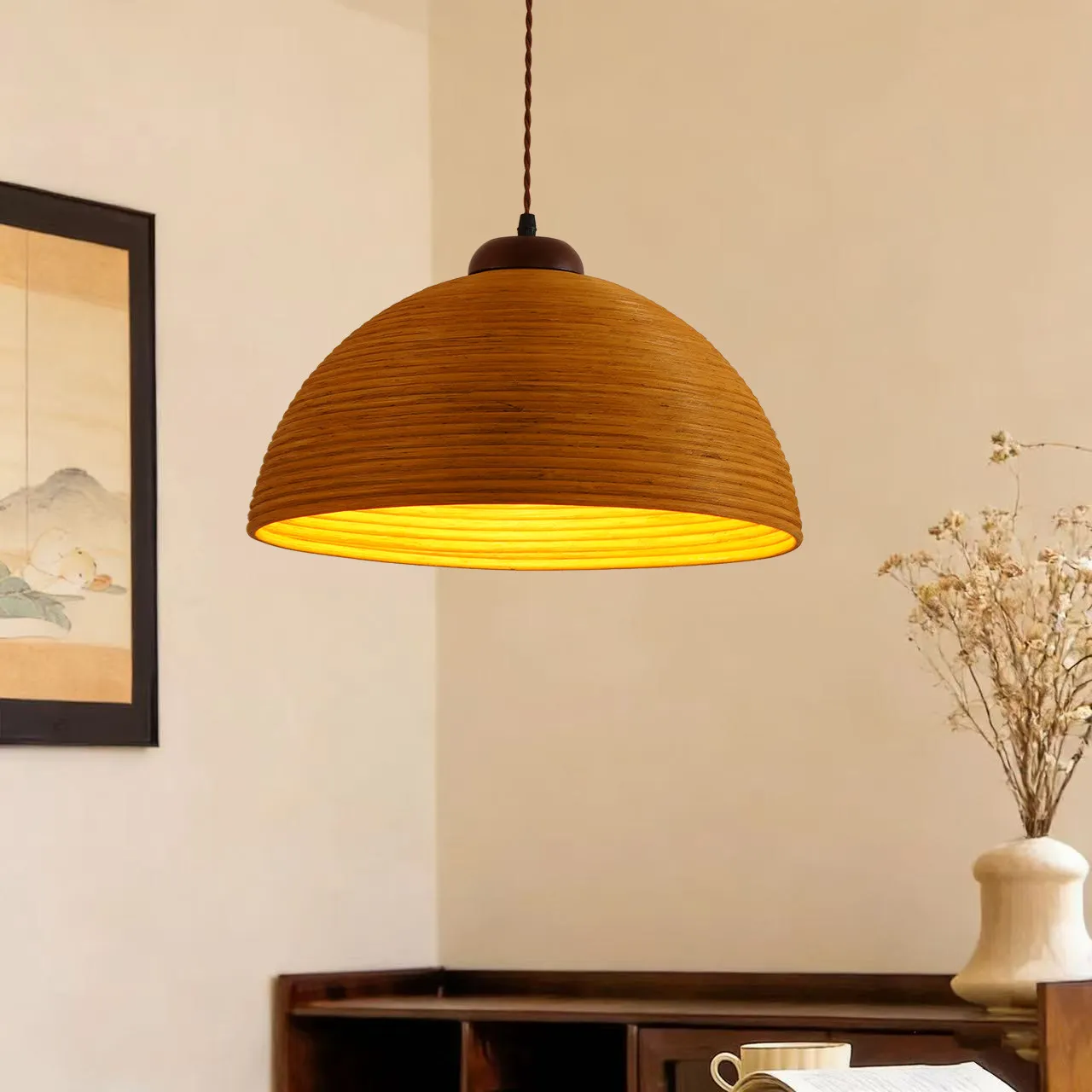 

Japanese style Chandelier bar bedroom living room retro creative restaurant wicker art lamp woven Wabi Sabi style LED lamp