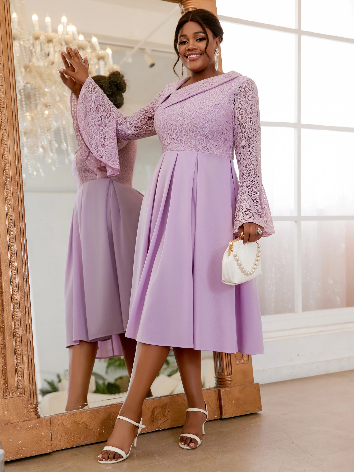 

Aomei Women Sweet Lavender Lace A-Line Dress Irregular Collar Long Flare Sleeve Pleated Evening Cocktail Prom Gown Plus Size 4XL