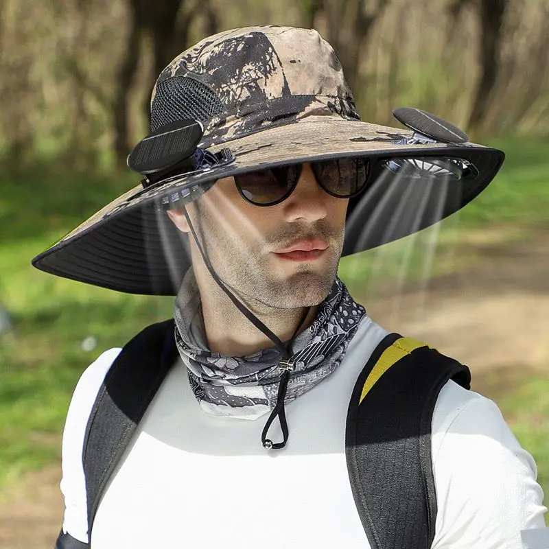 

Hot Sales Outdoor Sun Hat with 2 Fan Large Brim Windproof Strap Solar or USB Charging Anti UV Sun Outdoor Fishing Camping Cap