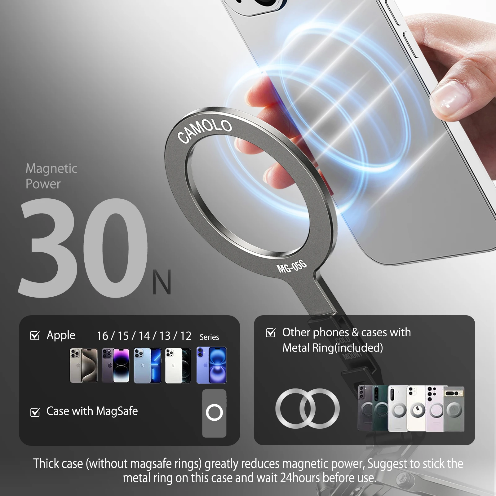 حامل ثلاثي للهاتف بجيب مغناطيسي قابل للطي من Camolo مع خطاف حامل هاتف Magsafe مع حلقة لهاتف iPhone Android HUAWEI حامل ثلاثي القوائم