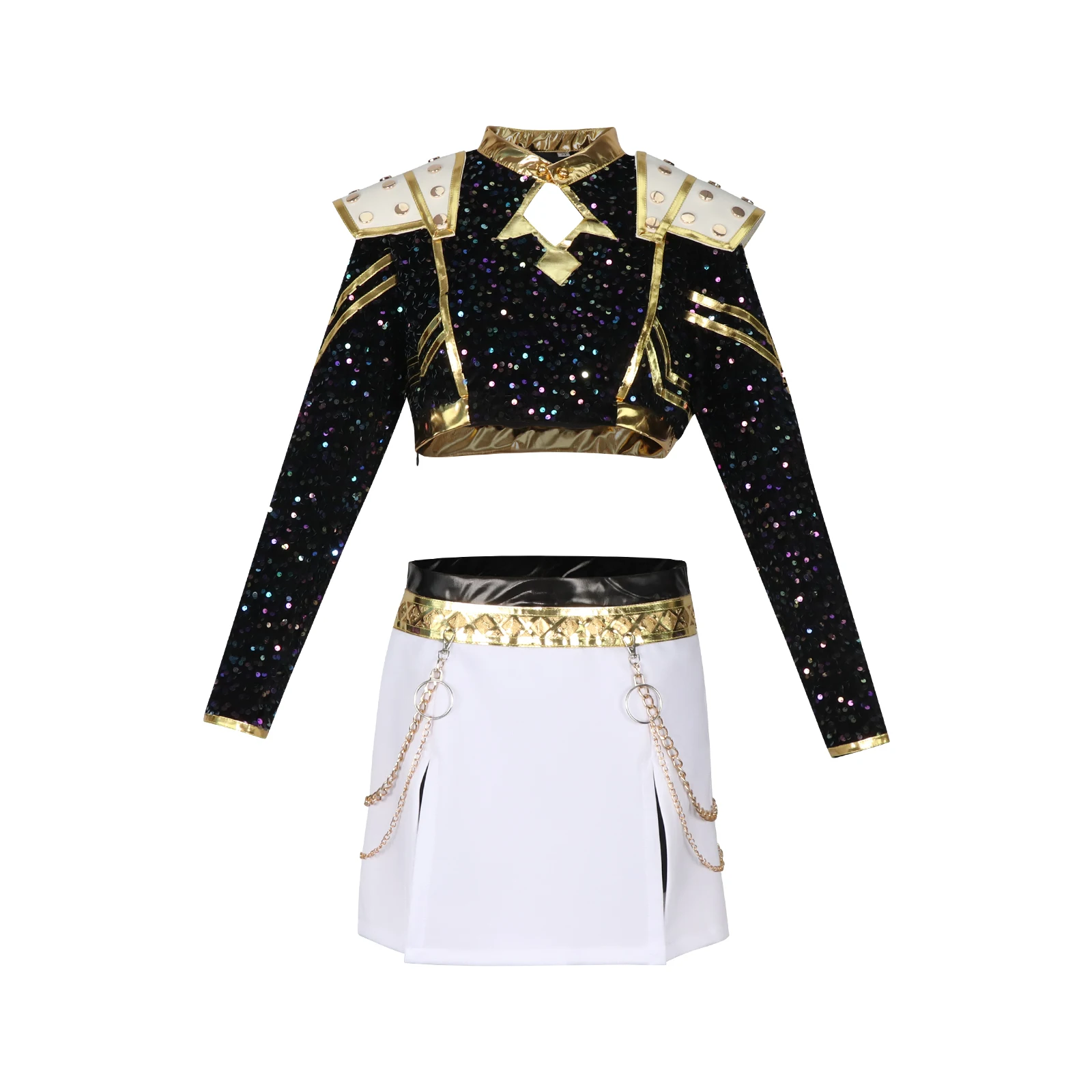 أزياء تنكرية لمجموعة الفتيات باللونين الأسود والذهبي، وأزياء الرسوم المتحركة واللعبة التنكرية لمسرح الهالوين