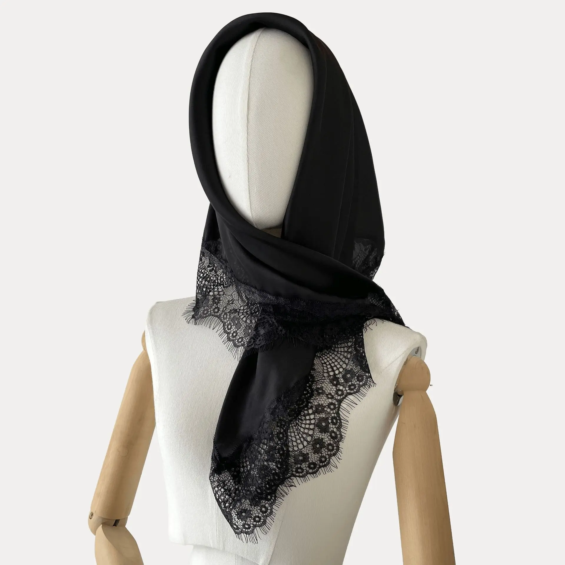 70x70cm Square Scarf Women Lace Trim Hijab Bow Tie Headscarf Elegant Silky Bandana Modest Muslim Head Wrap Daily Hair Scarves view 6