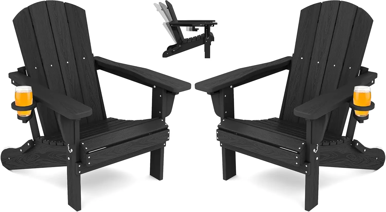 Folding Adirondack Chair Set of 2 Adjustable 3 Position Recline All Weather HDPE Outdoor with Cup Holders Black