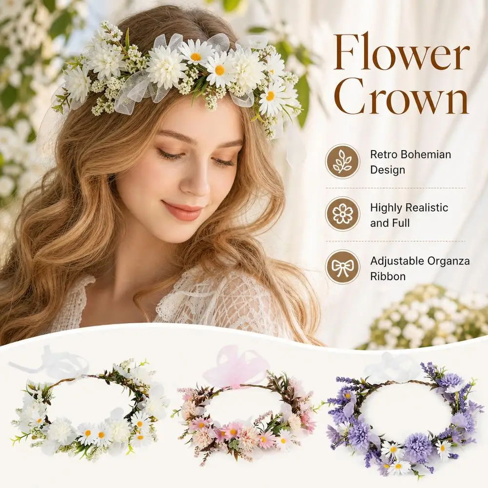 Serre-tête floral artificiel en plastique, couronne de fleurs féeriques, guirlande de fleurs décorée de perles, pour douche nuptiale, 1 pièce, 2026