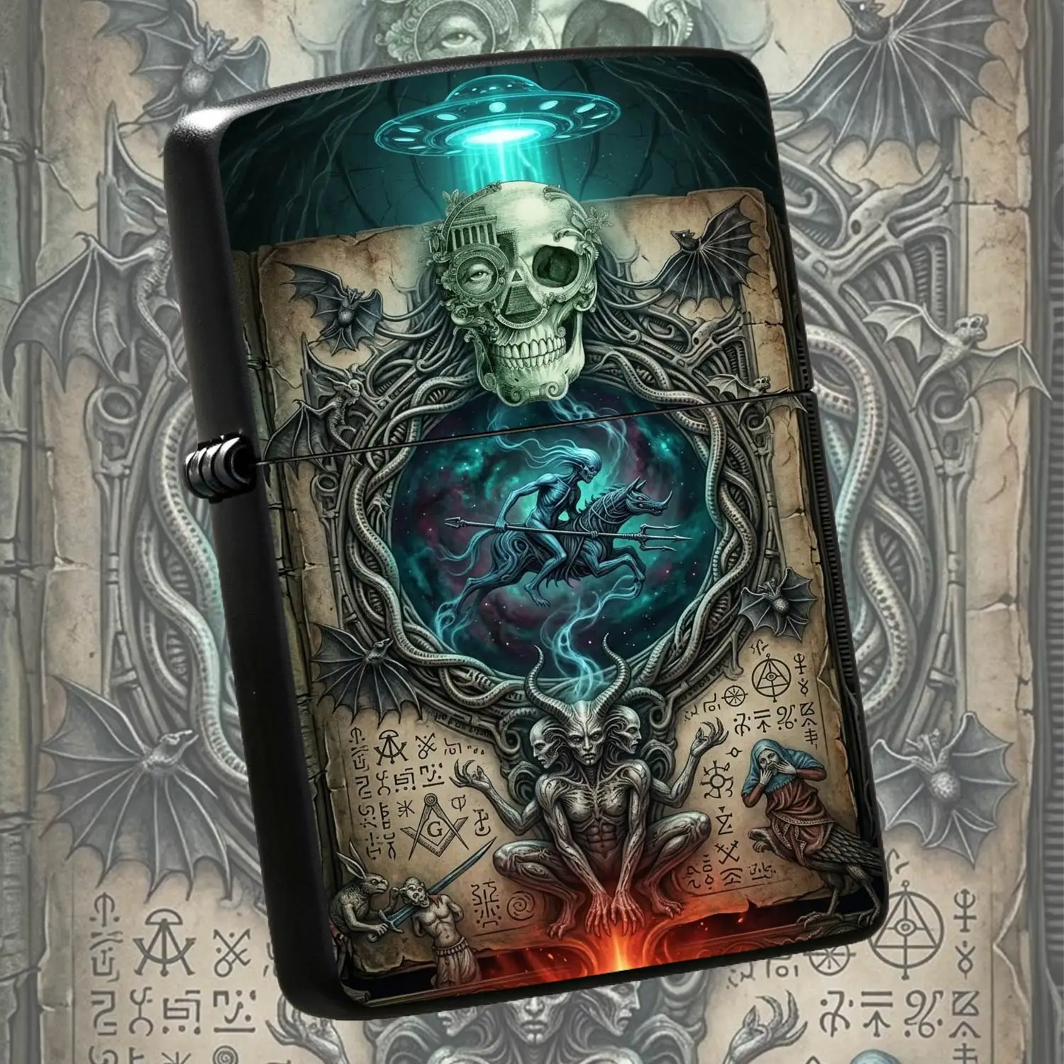 Vintage Dark Fantasy Lighter, Alien Rider Nebula Occult Art Pattern, Mysterious Occult Symbol Creative Decor, Unique Collectible Gift for Art Lovers, Suitable for Daily Using, Party Display and G A Humorous And Interesting Lighter