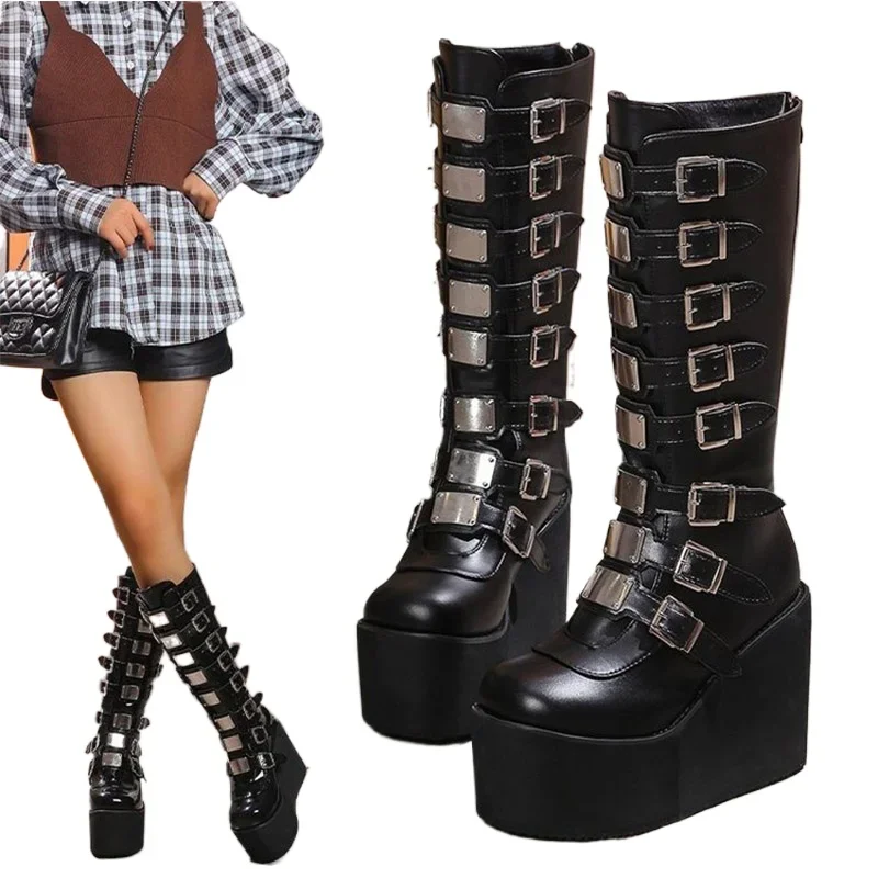 New Women's Cosplay Boots Multi-row Belt Buckle Long Tube Leather Knight Boot Punk Gothic Classic Black High Heel Shoe Knee-High