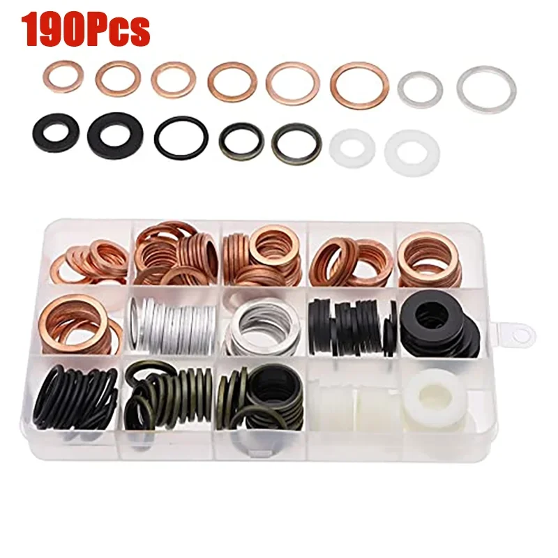 

190Pcs O Ring Washer Set Sealing Spacers O-ring Flat Plain Gasket Nylon Copper Aluminum Washers Kit for Sump Plugs Oil Plumbing