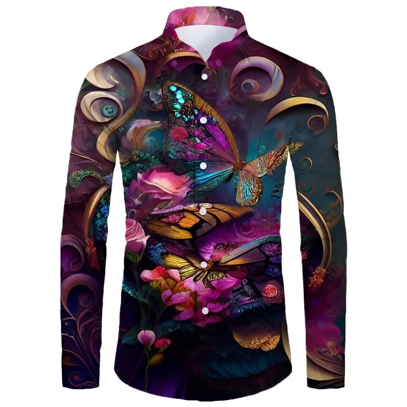 

Butterfly Animel Printed Long Sleeved Shirt 3D Owl Print Autumn Long Sleeved Men Street Clothing Outdoor Casual Long Sleeved Top