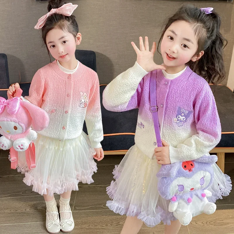 

Anime Sanrio Children My Melody Knitted Cardigan Dress Set Embroidered Long Sleeve Tops Mesh Skirt 2Pcs Cartoon Kuromi Girl Gift