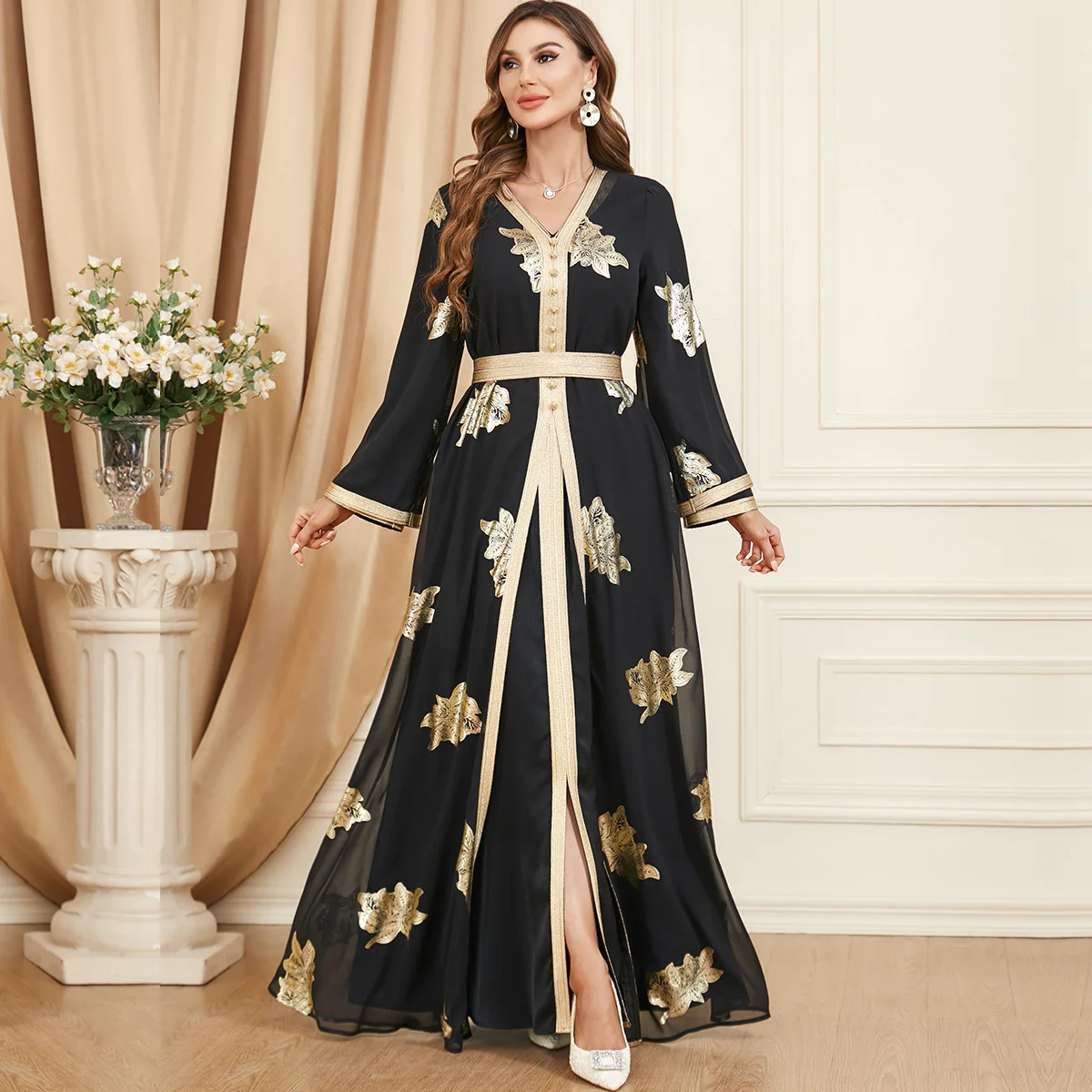 

Elegant Casual Chiffon Turkish Abayas for Women Muslim 2 Pieces Set Gold Stamping Full Sleeve Belted Kaftan Gorgeous Party Style