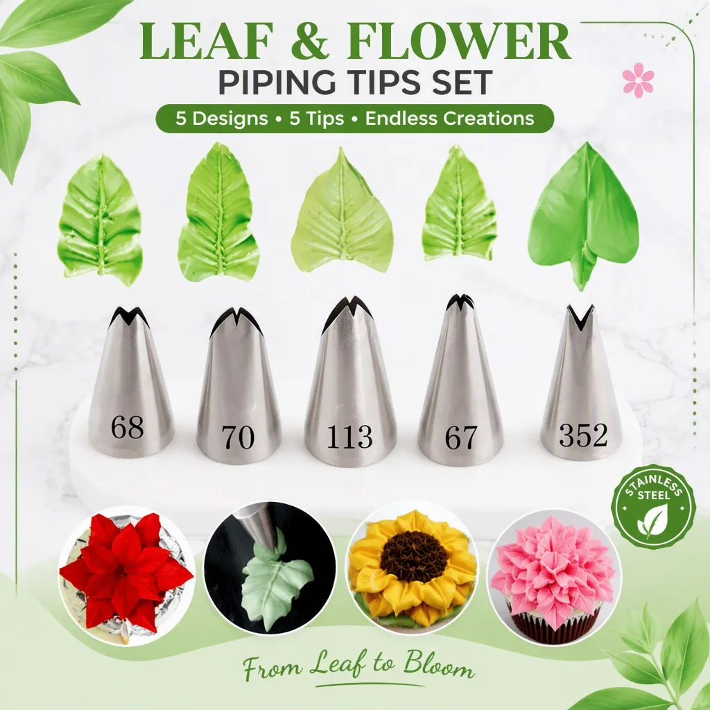 Leaf Piping Nozzles 5 Pcs Set Stainless Steel Pastry Tips For Cake Fondant Decorating Supplies