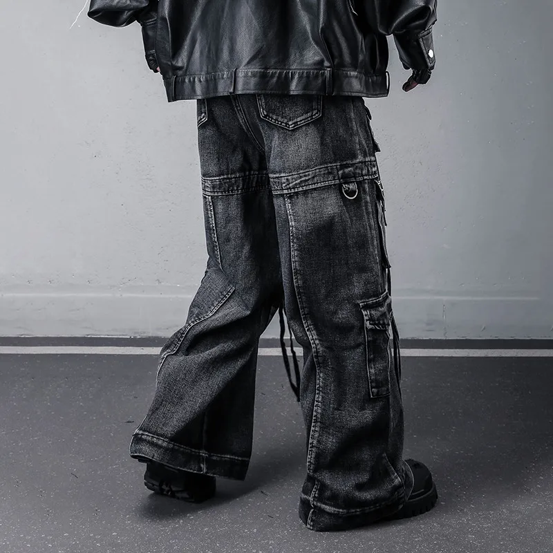 MWJLPWQ Uique Washed Vintage Punk Rivet Jeans Men's Fuctional Multi-Pocket Streetwear Tide Loose Straight-Leg Cargo Pants 12092