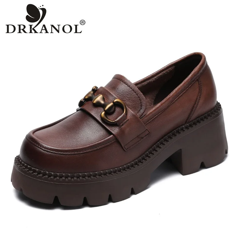 DRKANOL Women Thick Heel Loafers Slip On Pumps Spring Autumn New Design Metal Genuine Leather Round Toe High Heel Platform Shoes