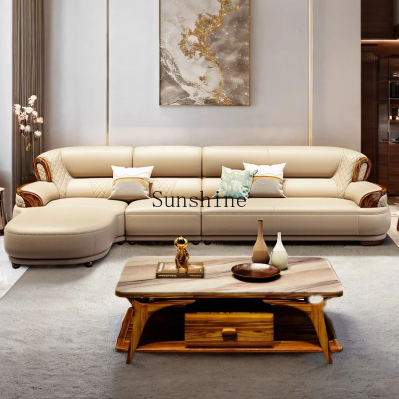 

New Chinese ebony leather sofa corner modern simple size apartment light luxury living room