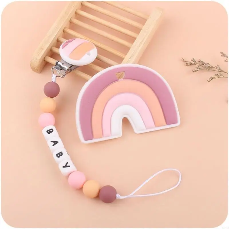

Q22D 2 Pcs Baby Pacifier Chain Clip Rainbow Teether Set Newborn Nipple Dummy Clip Holder Silicone Teething Soother Molar