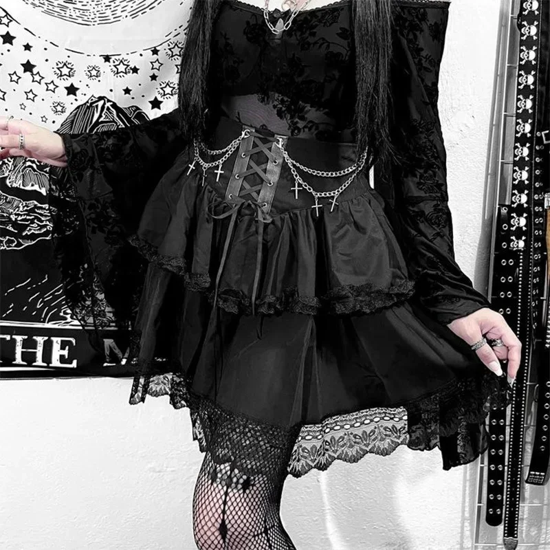 

Sexy Mini Skirt Black Gothic Cute Women Drawstring Folds High Waist Irregular Ruffle Patchwork Fairycore Short Skirts Mori Girl