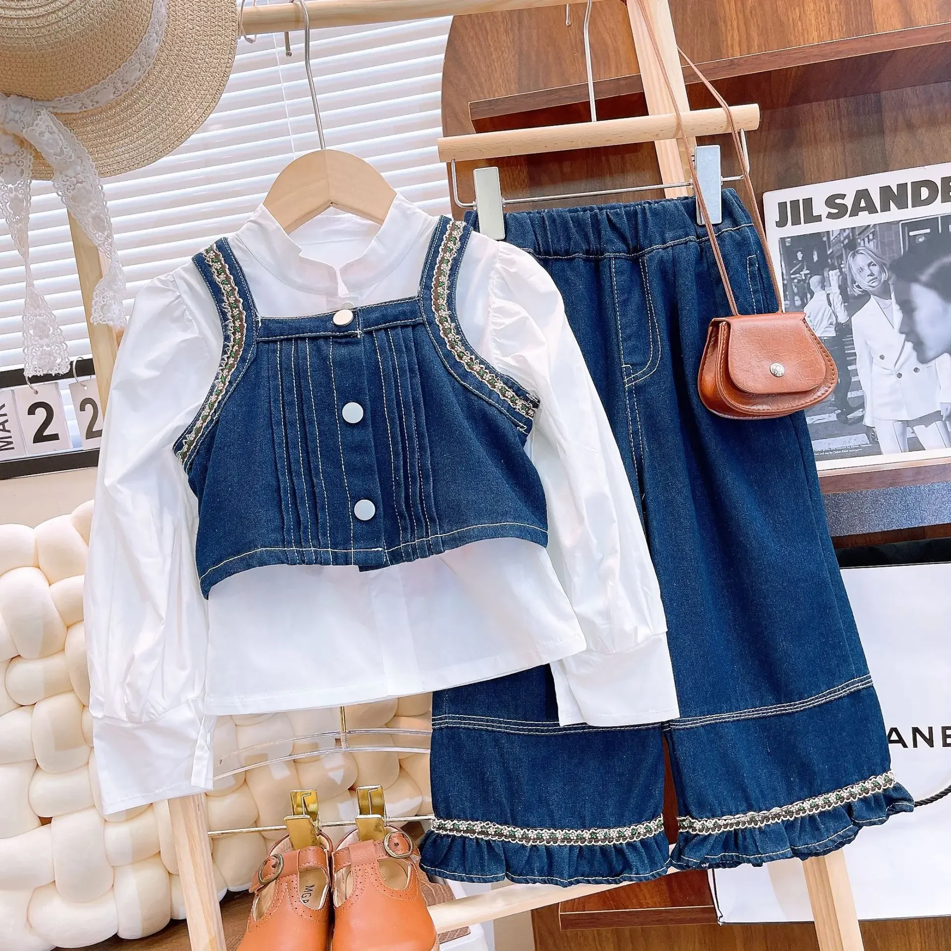 Children's Clothing Sets Embroidered Suspenders + Long Sleeve Shirt + Wide Leg Pants 3 Pcs Sets Toddler Girl Clothes