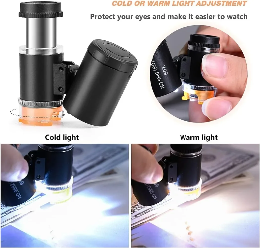 60x portable magnifying glass cold and warm 3 LED lamp fluorescent antique textile printing stamp identification microscope