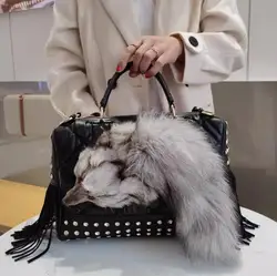 Leather fringe handbag women's bag 2024 new fashion casual soft leather diamond fox hair large capacity bag