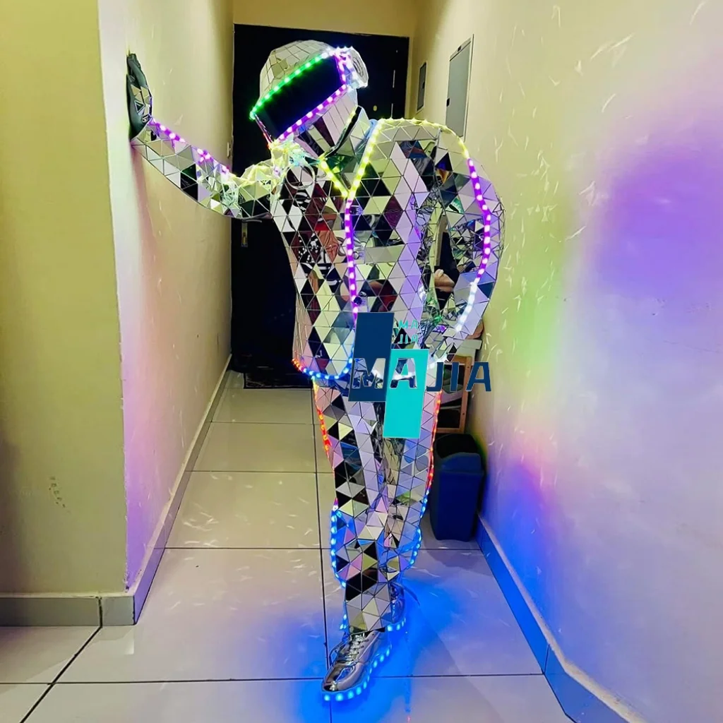 LED Light Up Suit USB Rechargeable Mirror Surface Costume with Mask for Men Handmade Color Changing Dance Wear  Stage DJ Party