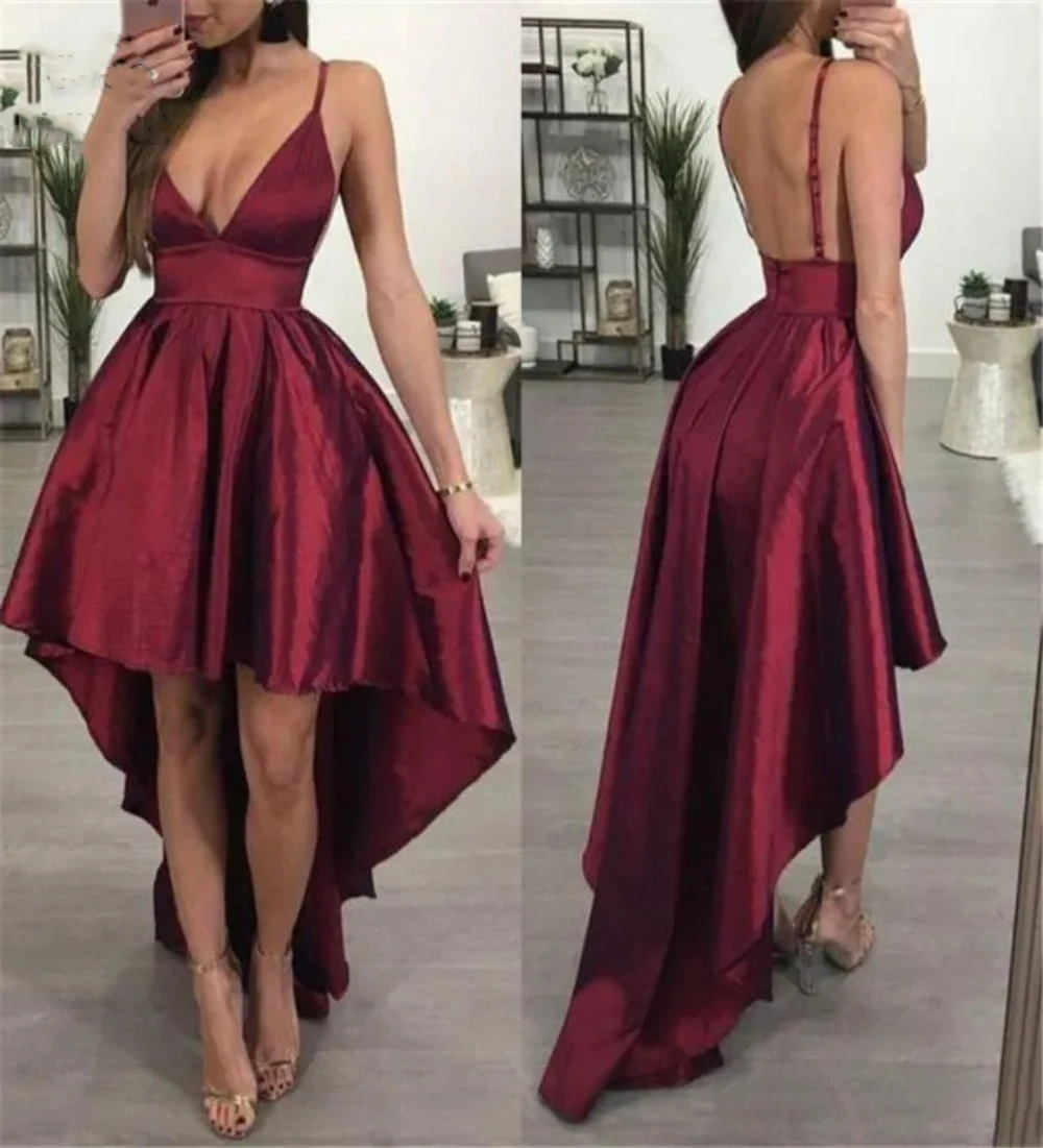 Classic A Line irregular short front long custom party Evening dress Sexy V-neck Italian halter formal dress with shoulder