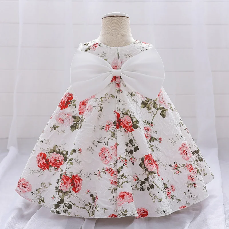 2023 New Flower Child Princess Dress Sleeveless Printed Dress Bow Baby Pompadour Dress One Year Old Dress