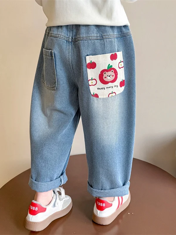 

Джинсы с героями мультфильмов для девочек, свободные прямые леггинсы, осенняя модная детская одежда, повседневные длинные брюки для маленьких девочек