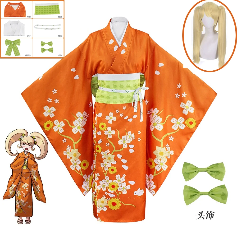 

New Danganronpa2 Hiyoko Saionji Kimono Cosplay Costume Wig Hair Accessories Set Women Orange Dress Girl Carnival Kimono