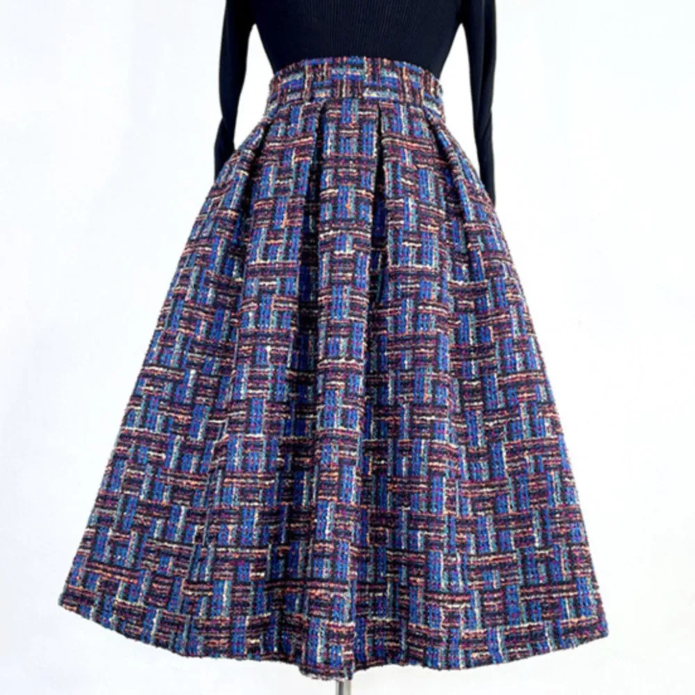 Woolen striped plaid thickened puffy skirt women new high waist tweed skirt women