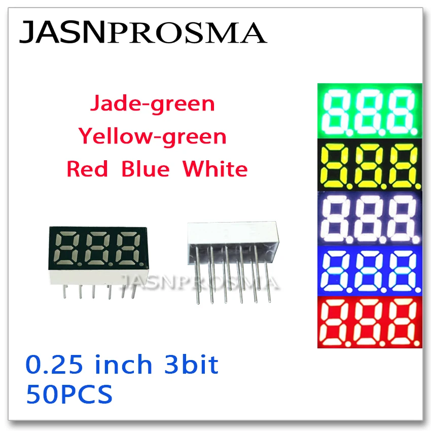 JASNPROSMA 50PCS 0.25 inch 3 bit digit Tube red white blue jade yellow green 7 Segment Common Cathode Anode LED Display 0.25inch