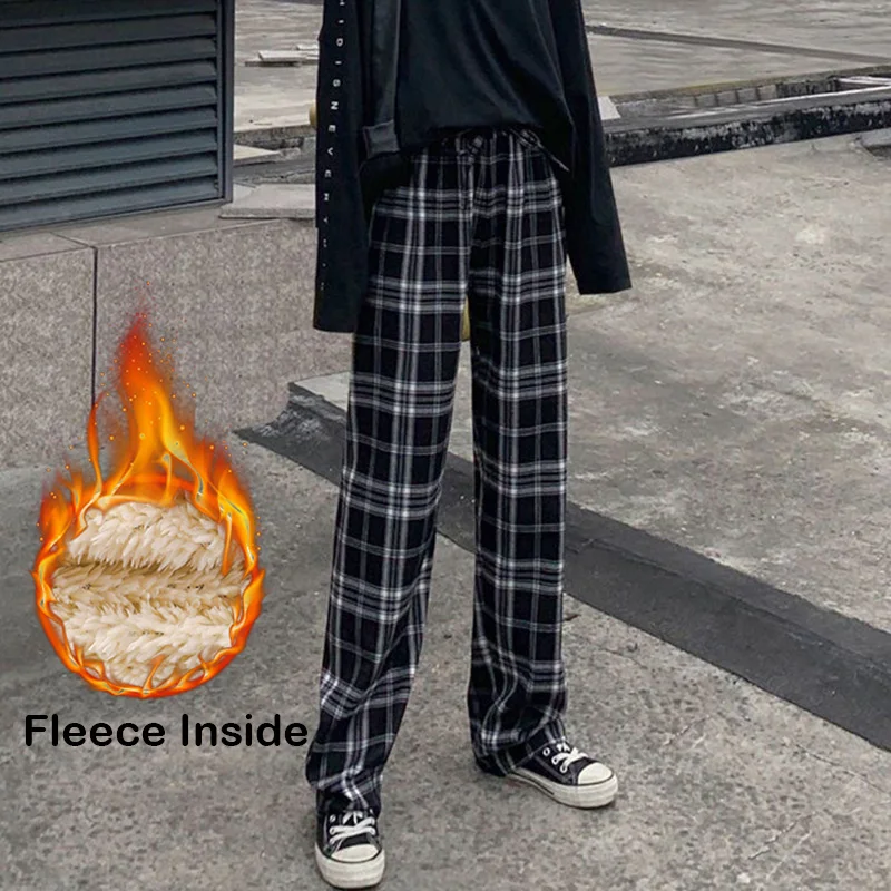Pantalon à carreaux sourire à l'intérieur pour femme, taille élastique, droit, long, jambe large, décontracté, femme, FJJM, automne, hiver